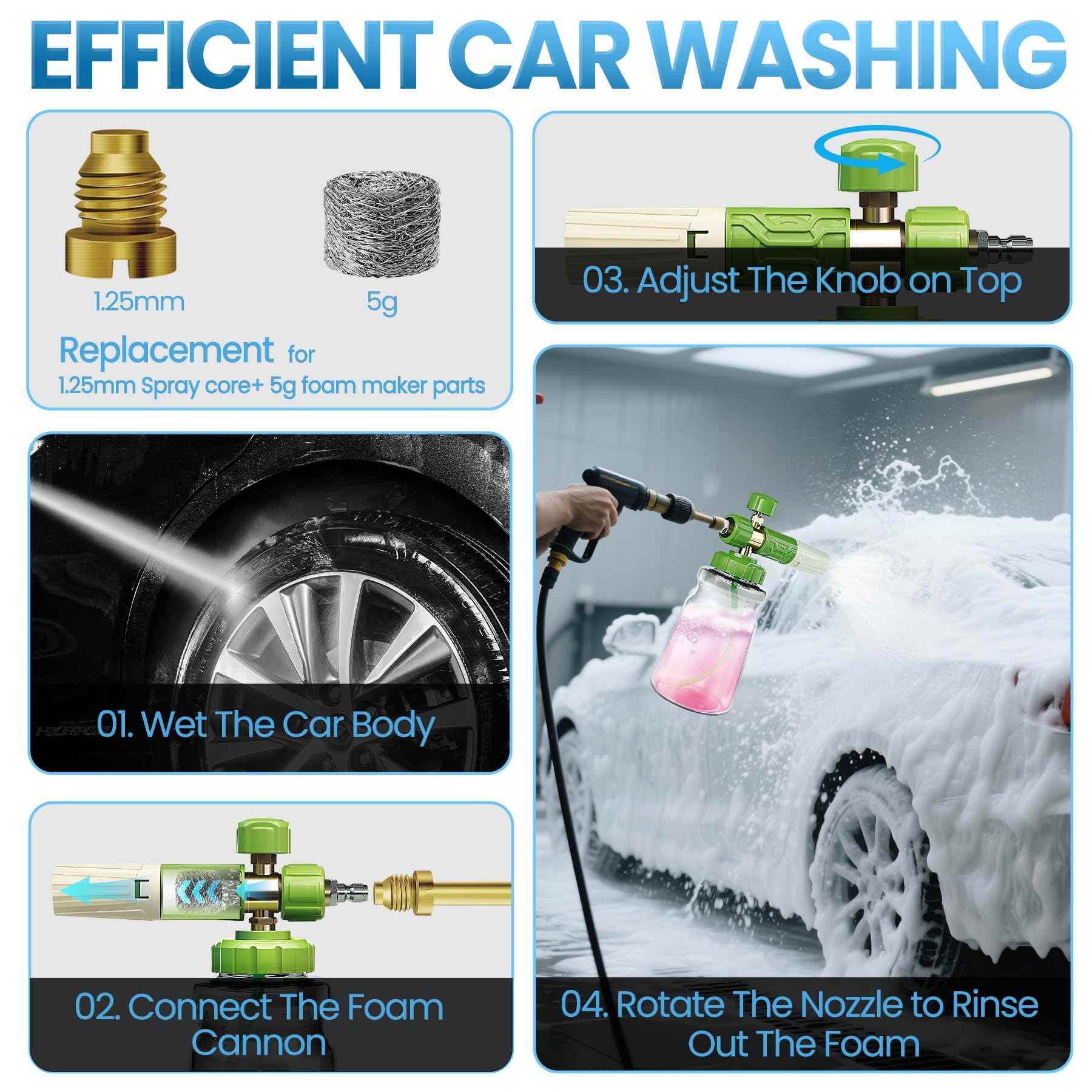 LanAqua Foam Cannon for Pressure Washer, Upgraded Wide Mouth Snow Foam Cannon for Car Wash, Adjustable Thick Portable Car Wash Sprayer with 1/4" Quick Connector, Additional 1.1 mm Orifice Nozzle