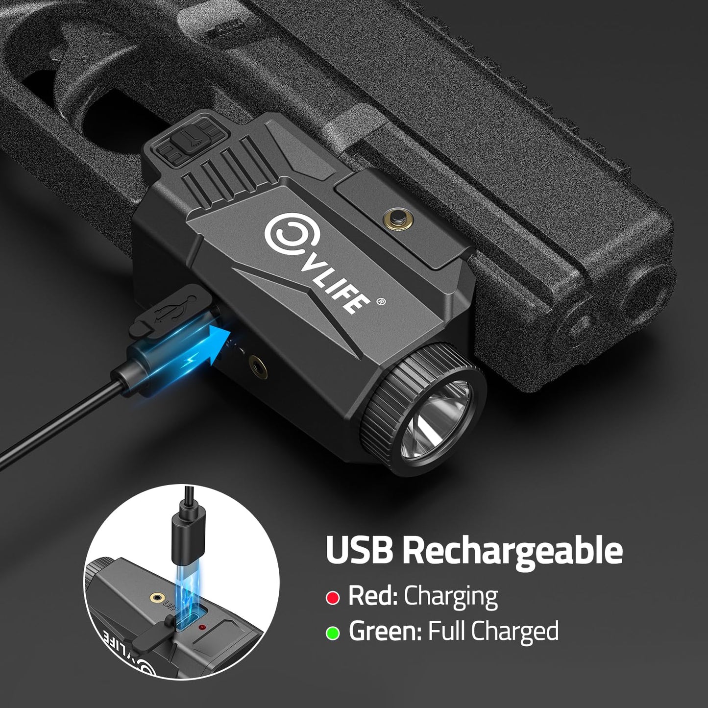CVLIFE 600 Lumens Pistol Light Laser Combo - Rechargeable Slide Rail Gun Light Compatible with Glock and Picatinny Rail. Pistol Flashlight with Red Laser for Home Defense, Range Training, Hunting