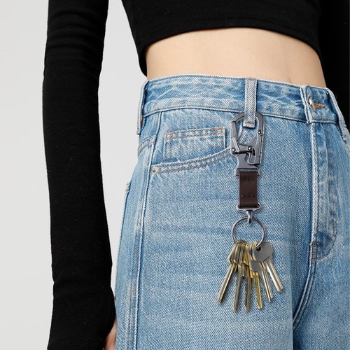 Ahiller Carabiner Keychain - 3.2" Auto Locking Key Holder for Car, House & Backpack. Minimalist Metal Keychain with Leather, EDC Organizer & Unisex Gift (Gunmetal)