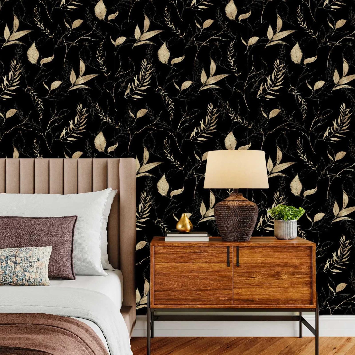 Akodm Black and Champagne Gold Leaf Wallpaper Peel and Stick Botanical Vintage Contact Paper for Cabinets Drawers Bathroom Removable Self Adhesive Thick Vinyl Waterproof Luxury Wallpaper 17.7"x70.8"