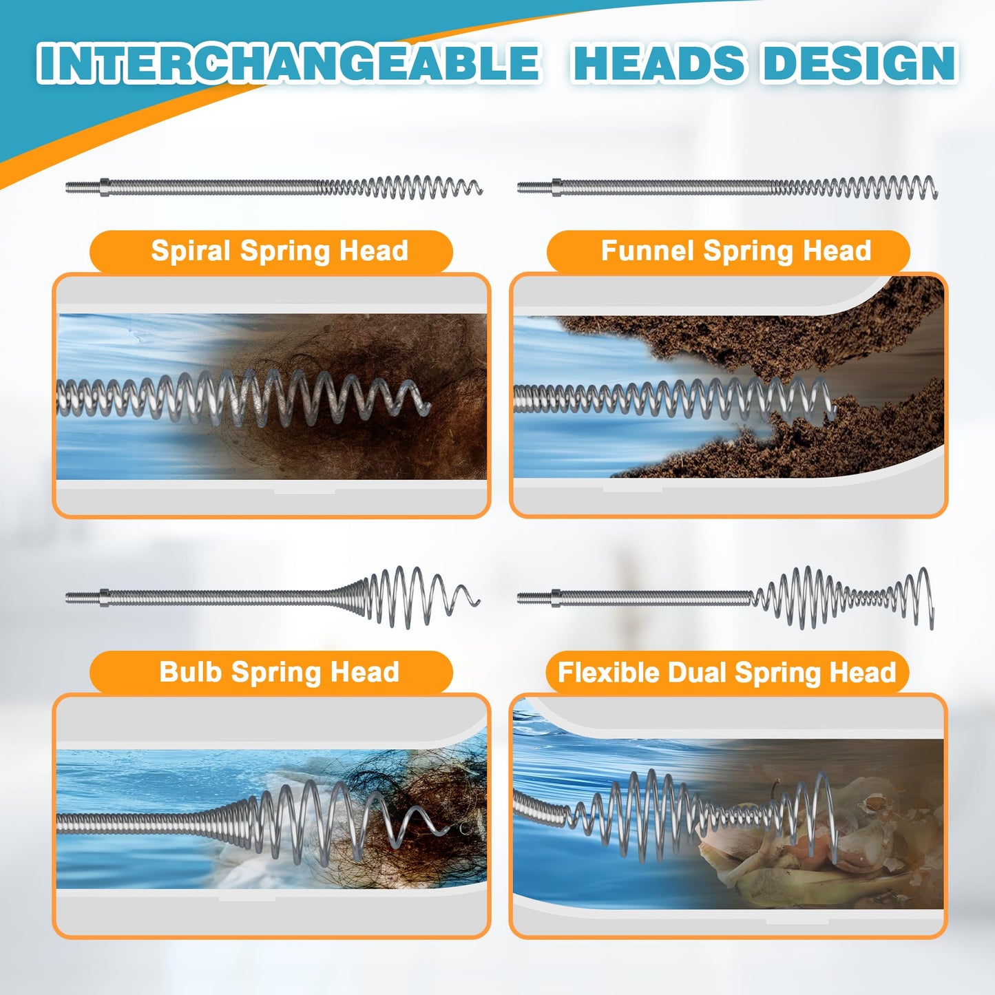 50 Inch Drain Snake Hair Drain Clog Remover, Replaceable & Reusable Sink Snake with 5 Spring Heads & Rotating Handle, Anti-break Steel Sink Drain Cleaner for Bathroom, Shower, Bathtub