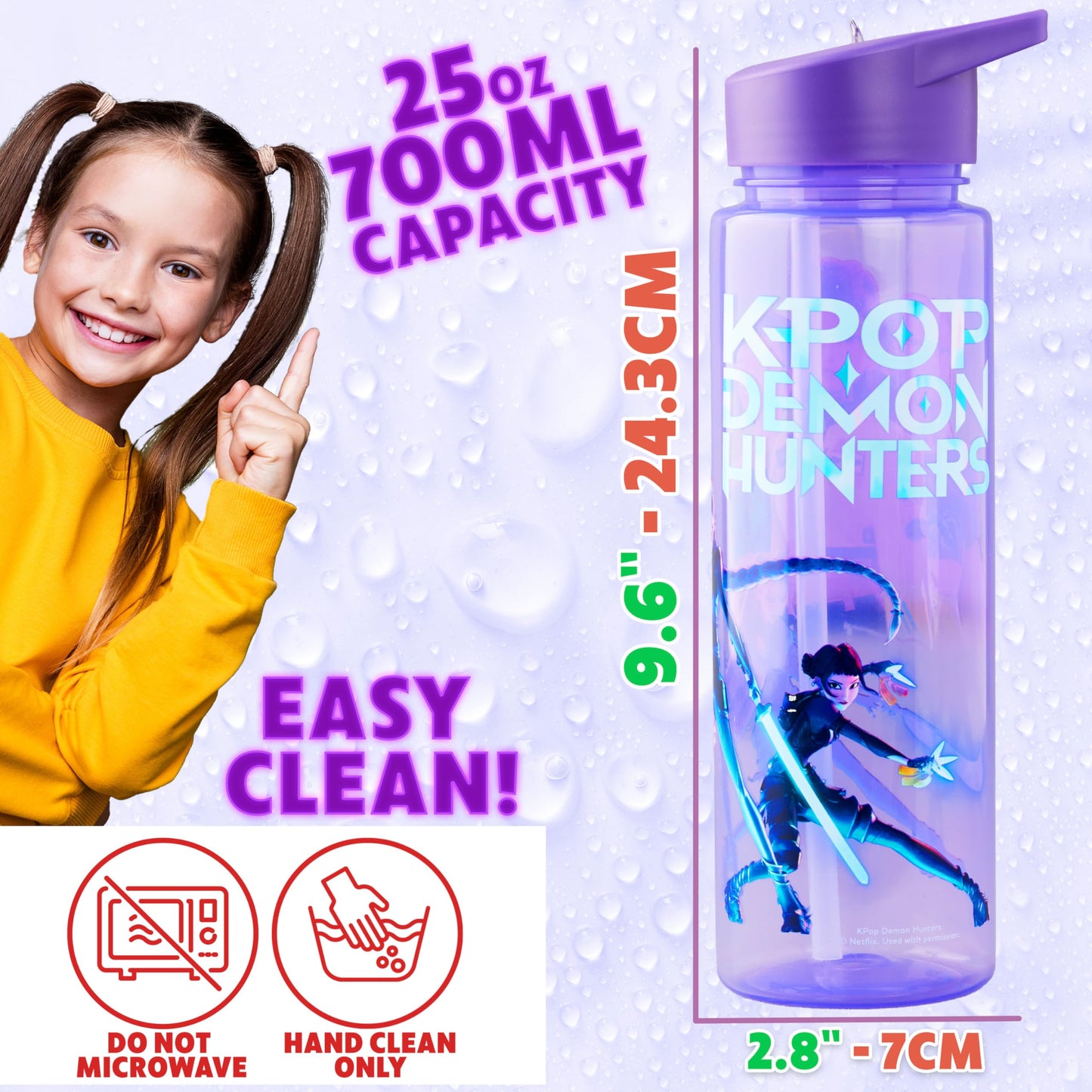KPop Demon Hunters Officially Licensed Huntrix Water Bottle for Girls, 25oz Leak Proof with Straw Lid, Gifts for Girls
