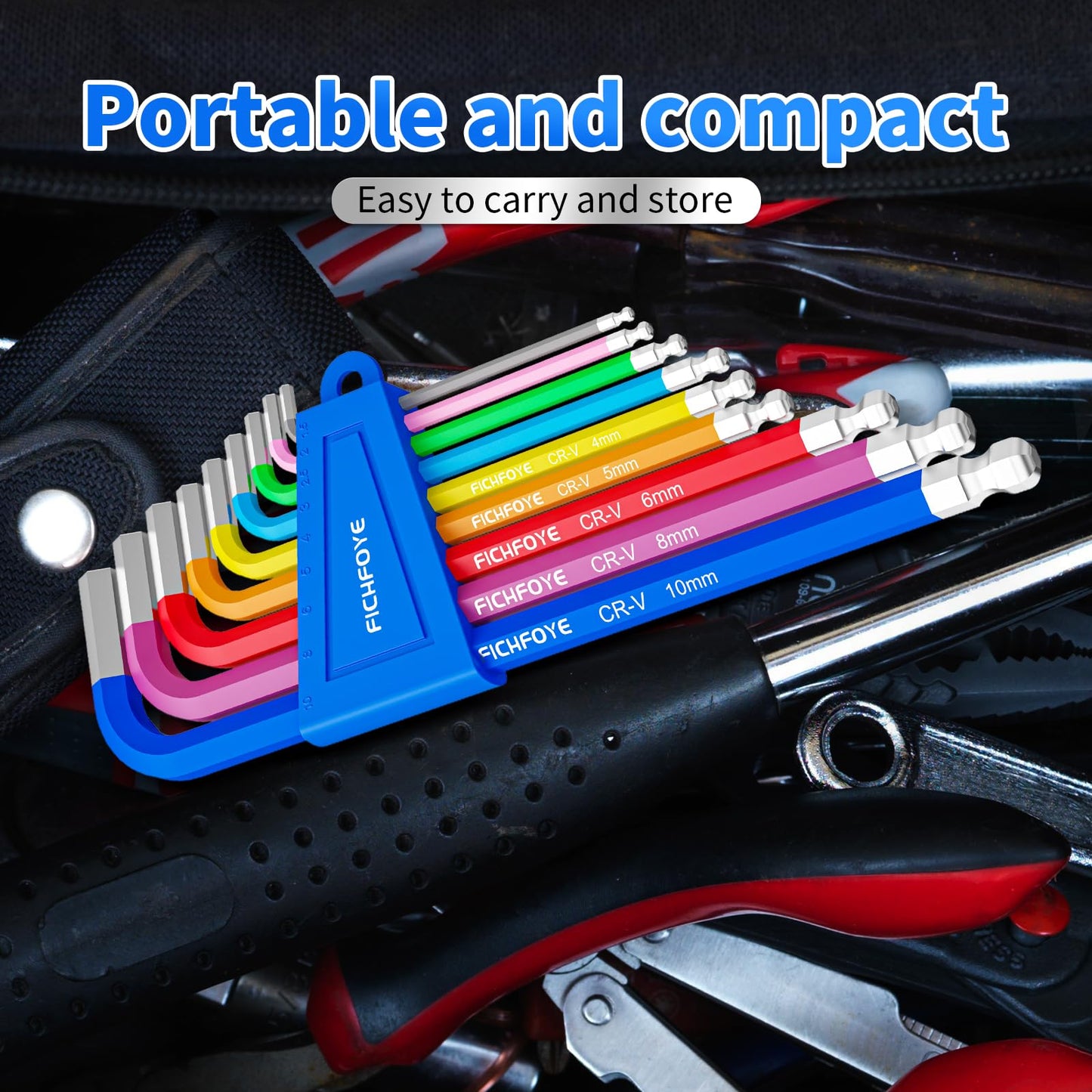 FICHFOYE 9PCS Metric Allen Key Set, Color Coded Hex Key, 1.5-10MM Anti-Slip Long Ball End Hex Wrench Set Ideal for Dismantling Machinery, Equipment, Vehicle, and Bicycle Maintenance