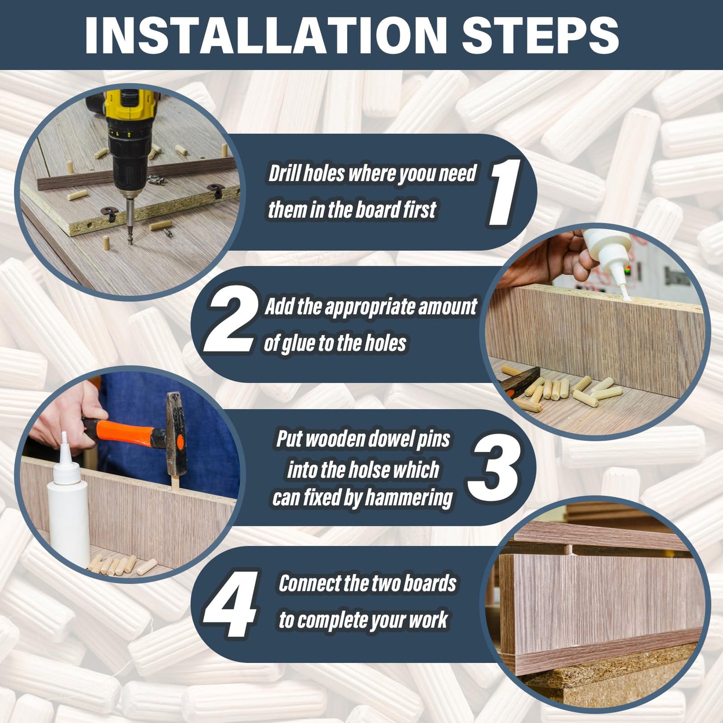 ALLECIN 8 Values Wood Dowels Kit 1/4 3/8 5/16 Inch Fluted Wooden Dowel Pins Pegs Assortment for Furniture Woodworking DIY Crafts (Pack of 225Pcs)