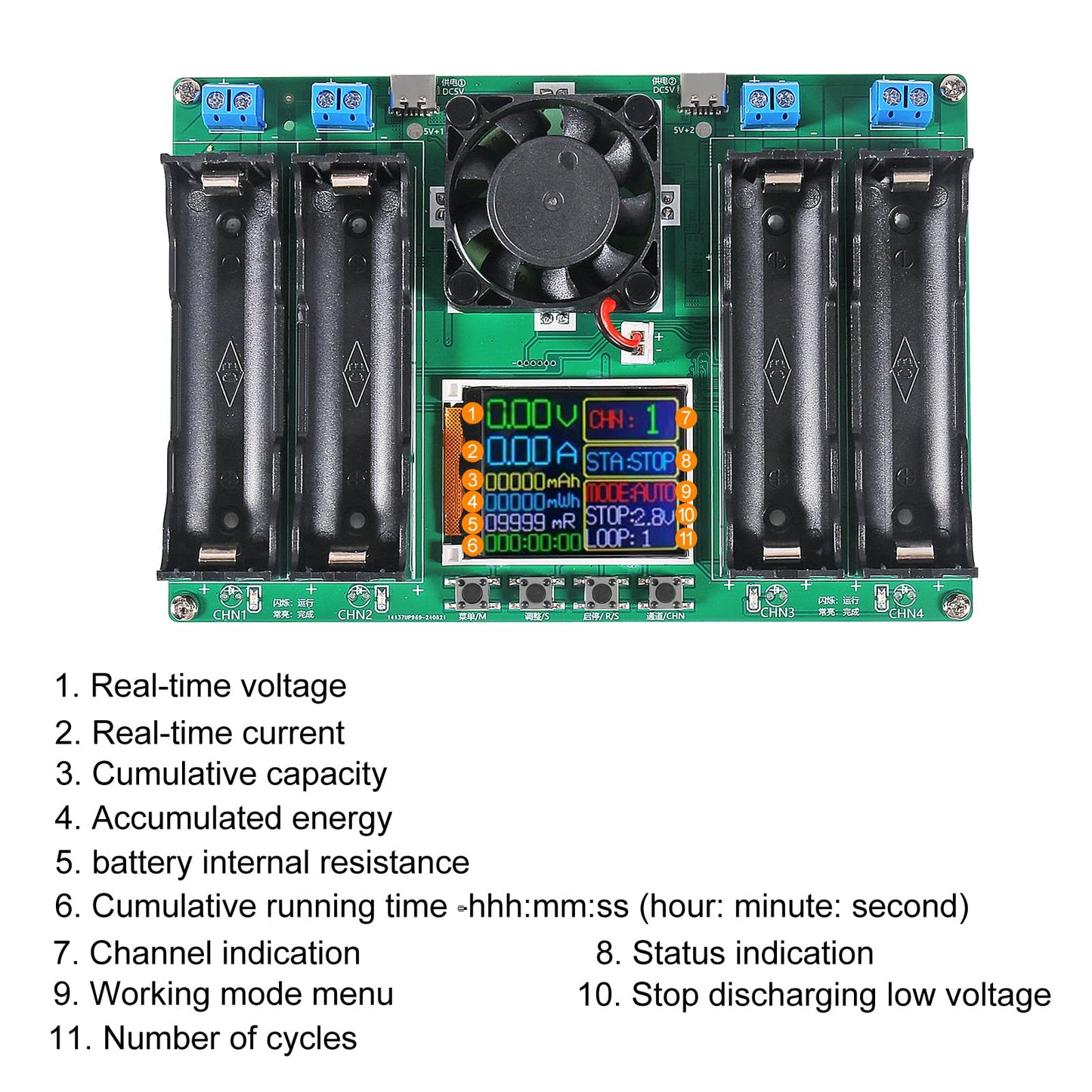 DWEII 1pcs 18650 Lithium Battery Capacity Tester Module MAh MWh Digital Battery Power Detector Module 18650 Tester Type-C (4 Channel)