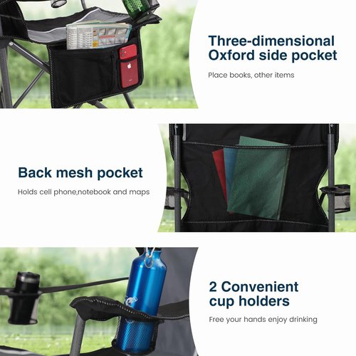 High Point Sports Oversized Camping Chair - Heavy Duty Portable Lawn Chair with Cup Holder, 350 LBS Support | 2 Pack, Gray-Black