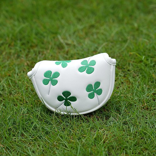 Half Mallet Putter Cover Headcover PU Leather Mid Mallet Putter Cover Magnetic, Clover Golf Putter Covers, Premium White Golf Club Covers for Men or Women