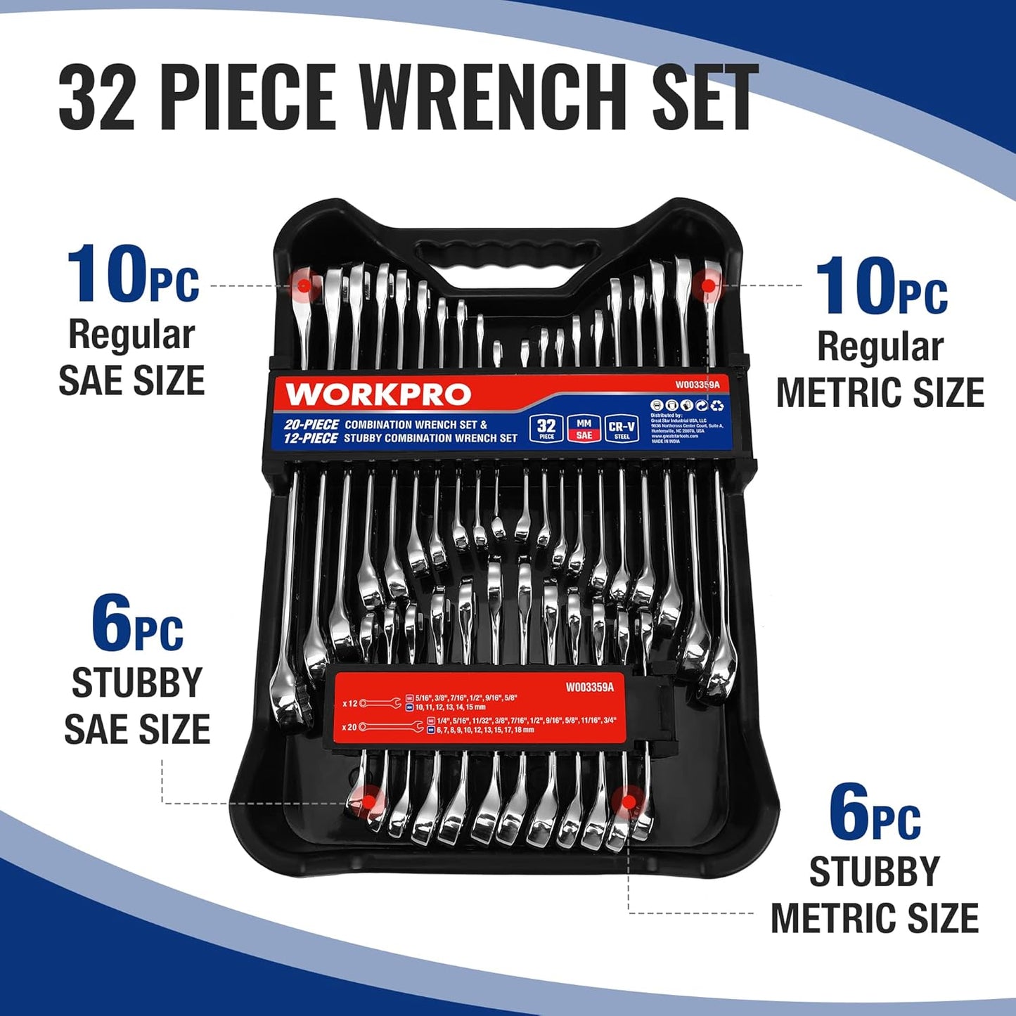 WORKPRO 32-Piece Wrench Set - SAE & Metric Combination with Organizer Tray, Cr-V Steel