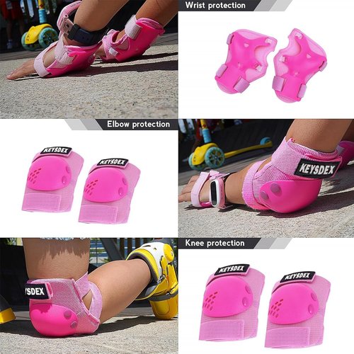 KEYSDEX Kids Protective Gear Set - 6-Piece Knee Elbow Wrist Pads for Ages 3–7,Safety Equipment for Skate&Skateboarding,Roller Skates,Cycling,BMX Bike,Inline Skating,Scooter Riding,Snowboarding Pink S