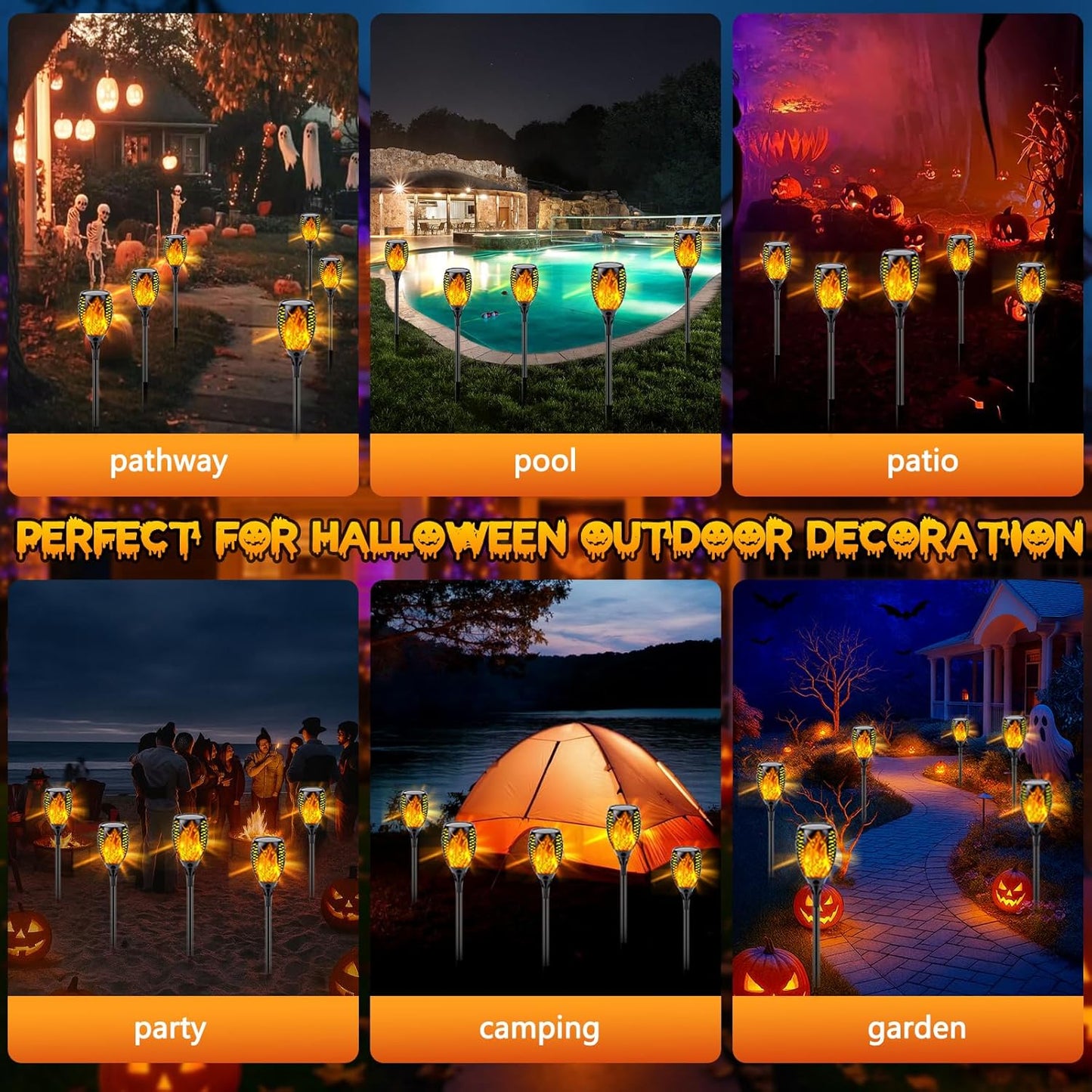 10 Pack Mini Solar Torch Lights - Flickering Flame Outdoor Decor for Halloween, Waterproof Solar Garden Pathway Lights
