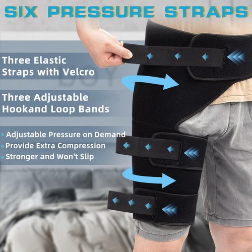 Hiball Adjustable Hip Brace, Groin & Hamstring Compression Wrap for Men Women, Thigh Compression Sleeve With 6 Pressure Straps, Buttock & Quad Support, Upper Leg Brace for Sciatic Nerve Pain, Bursitis