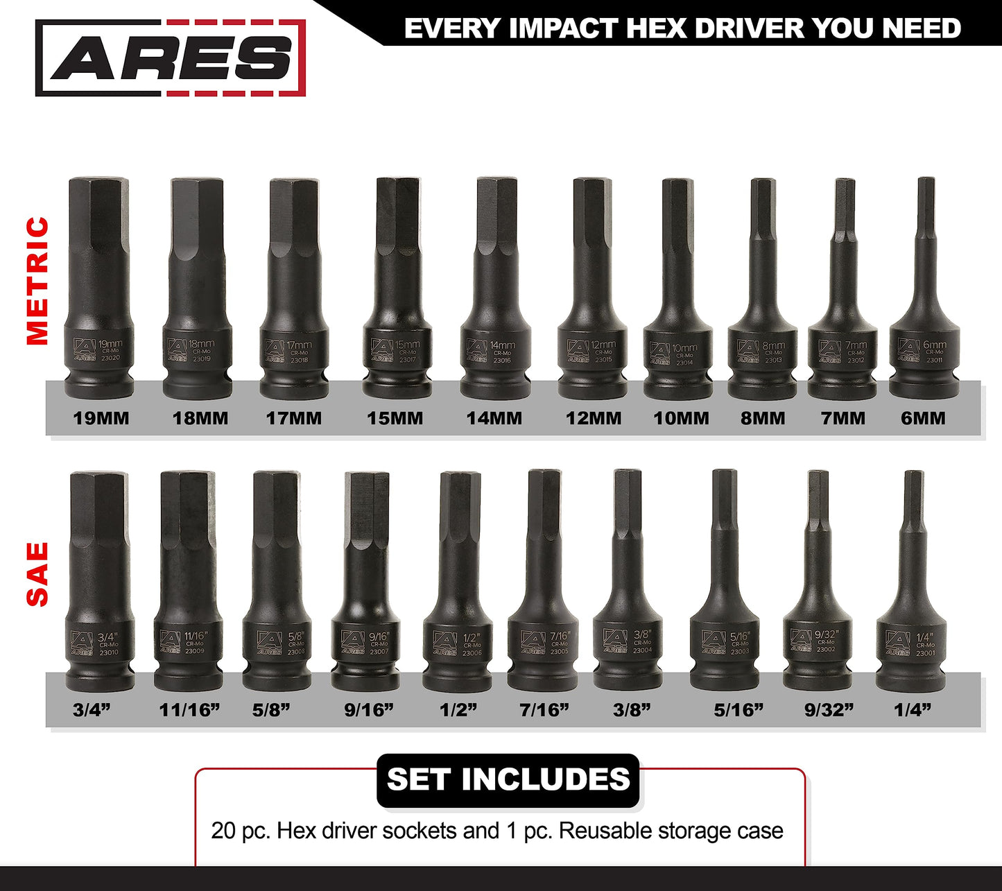 ARES 23000-20-Piece 1/2-Inch Drive Master Impact Hex Driver Set - Chrome Moly Steel Construction and Manganese Phosphate Coating - Storage Case Included - Designed for Impact Use