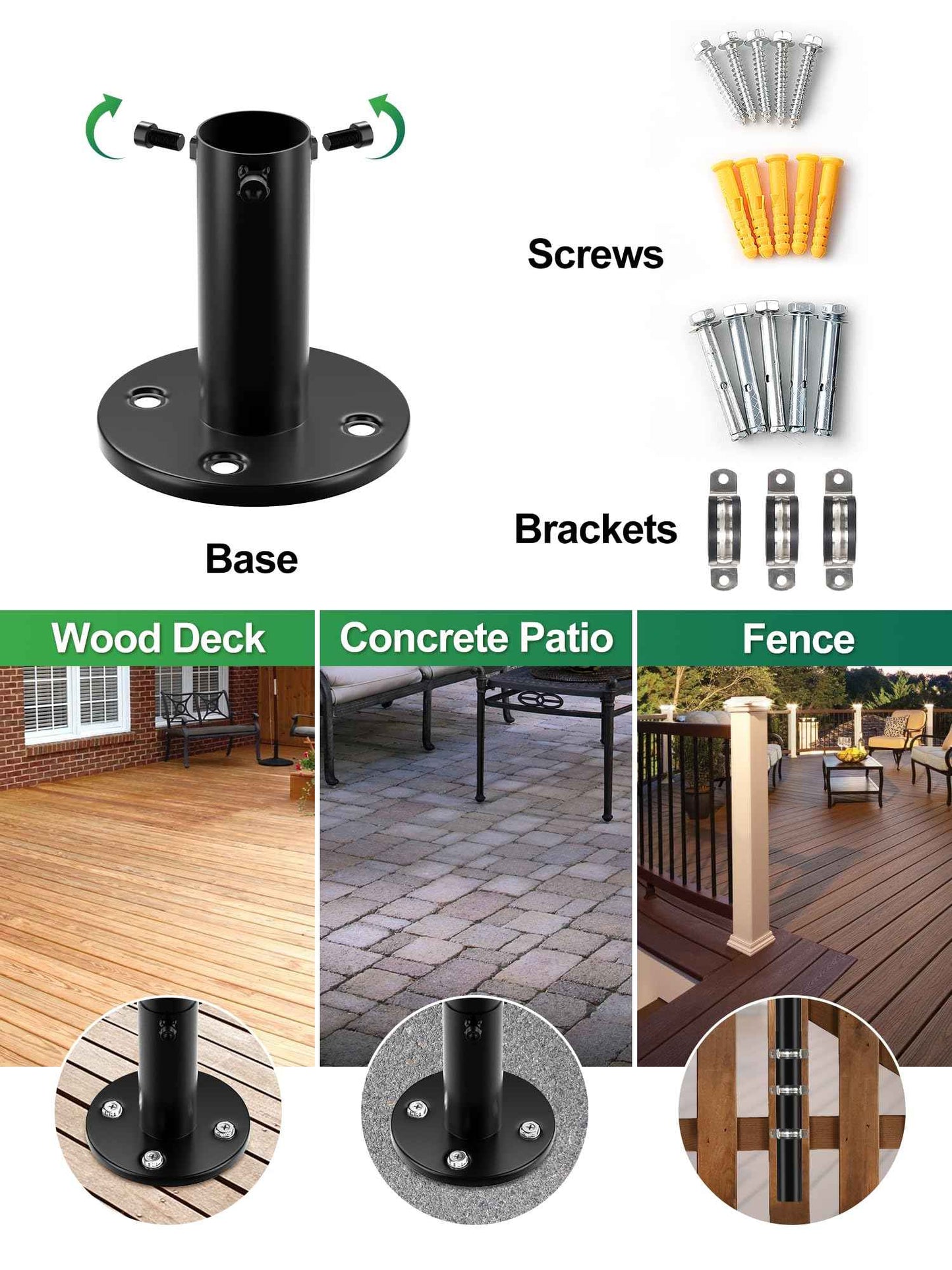 String Light Poles, 12.6 FT Light Poles for Outside Patio, Outdoor Deck Lighting Poles with Brackets for Fence and Base for Wood Concrete Mount, Heavy Duty Metal Stand Hanging Garden Party Decoration