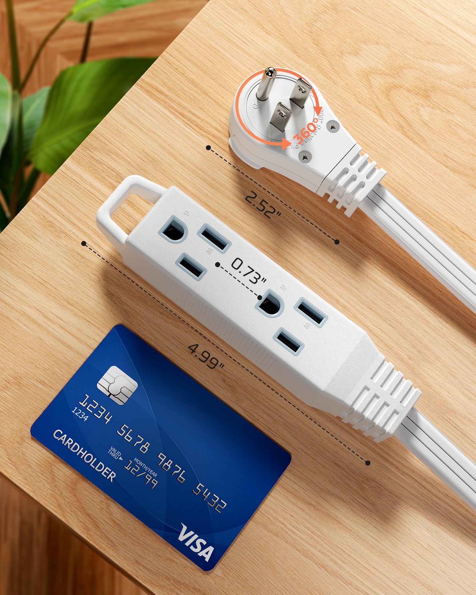 DEWENWILS 6FT 360° Rotating Flat Plug Extension Cord/Wire, 16AWG Multi 3 Outlet Extension Cord, 3 Prong Grounded Wire for Small Appliances, 2 Pack, White