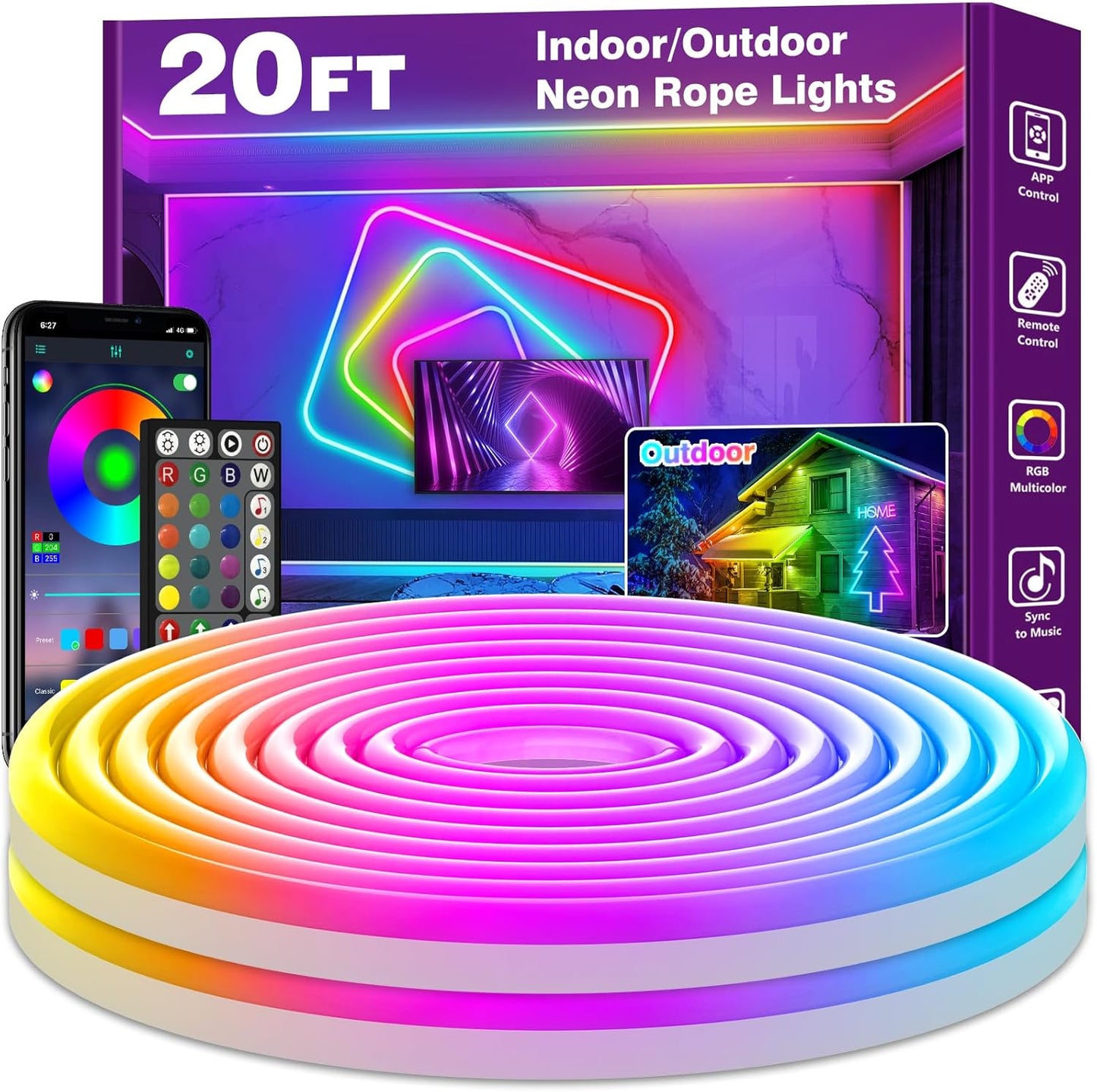 50FT LED Neon Rope Lights - App/Remote Control, Waterproof RGB Strip for Outdoor & Bedroom Decor, Music Sync & Multiple Modes