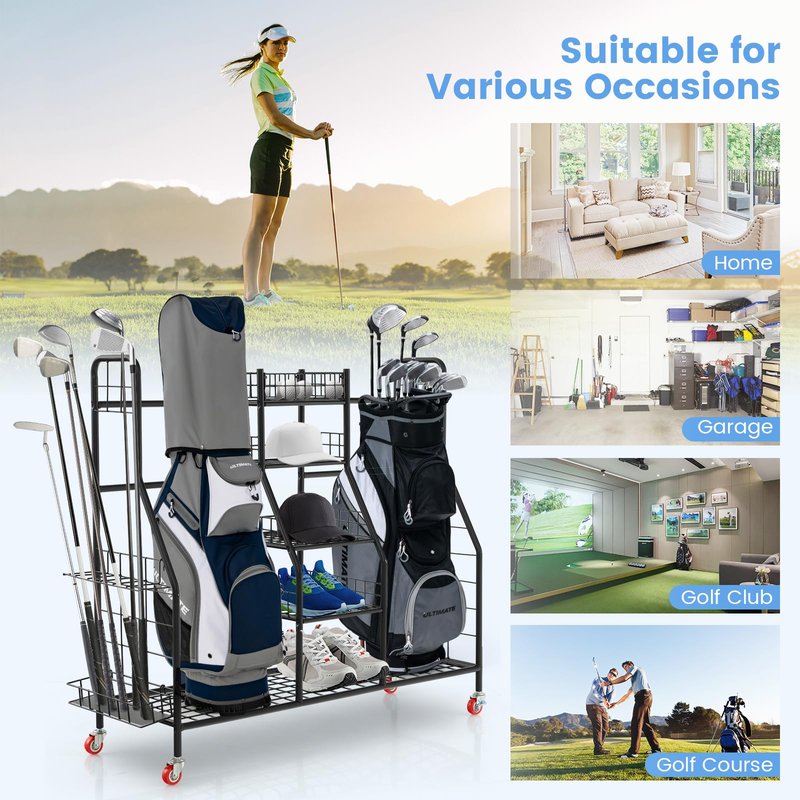 Tangkula Golf Bag Storage Rack for Garage, Heavy Duty Metal Double Golf Bag Storage Rack with Removable Golf Club Stand, Shelves & Lockable Wheels, Extra Large Golf Equipment Organizer for Garage