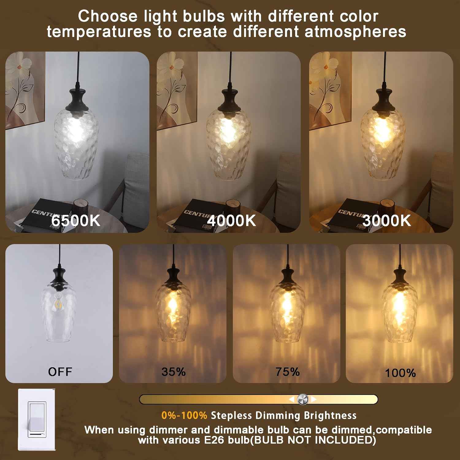 Brushed Nickel Glass Pendant Light Fixture - Modern 1-Light Hanging Lamp for Kitchen Island & Dining Room