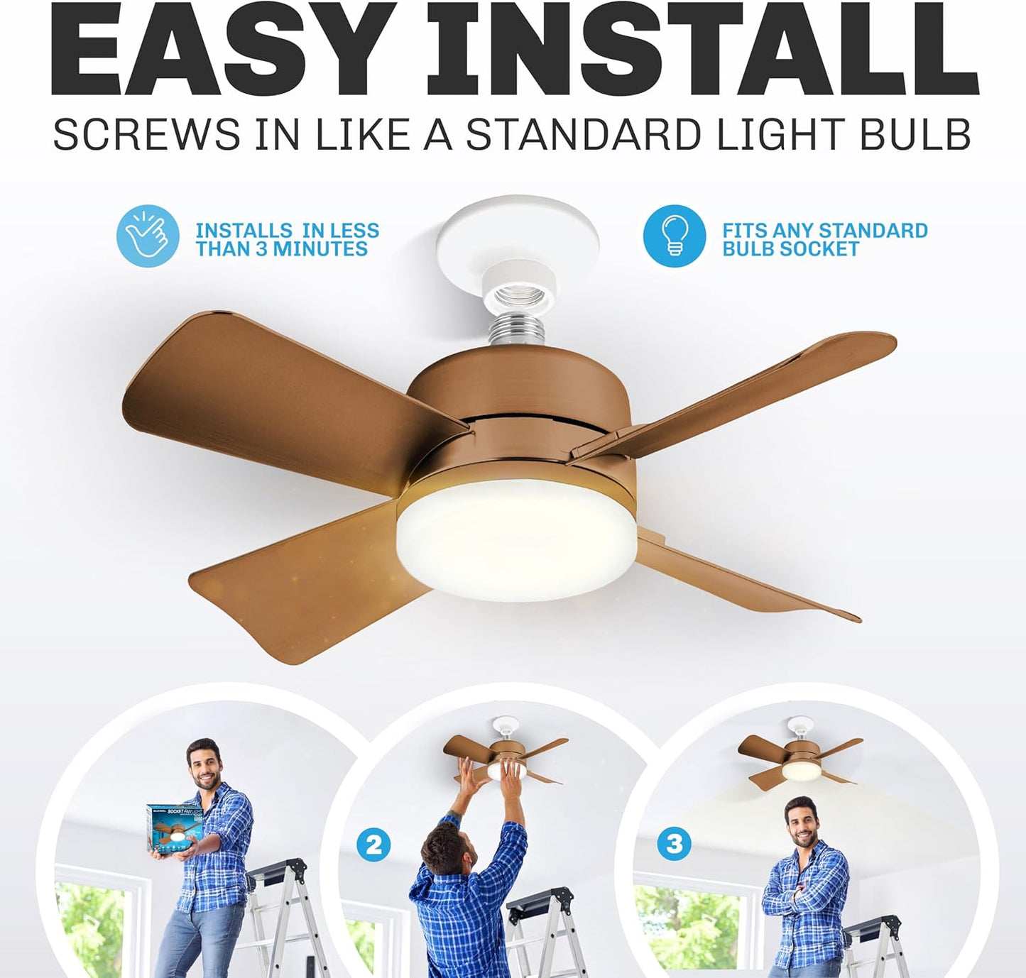 Socket Breeze Ceiling Fan with Light & Remote - Portable 3500K 1000 Lumens E26/E27