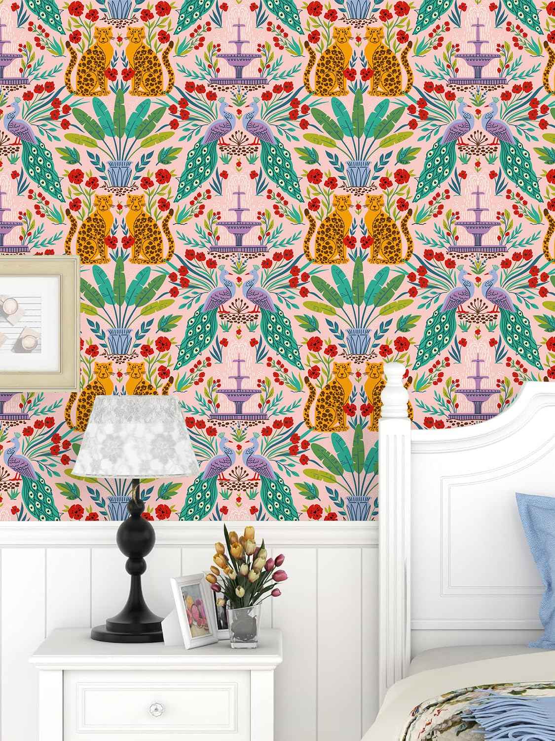 Luvdecor Wallpaper Peel and Stick Leopard Jungle Animal Wallpaper for Renter Removable Boho Leaf Wallpapers for Bathroom Self Adhesive Contact Paper for Cabinets 17.5 x 118 in