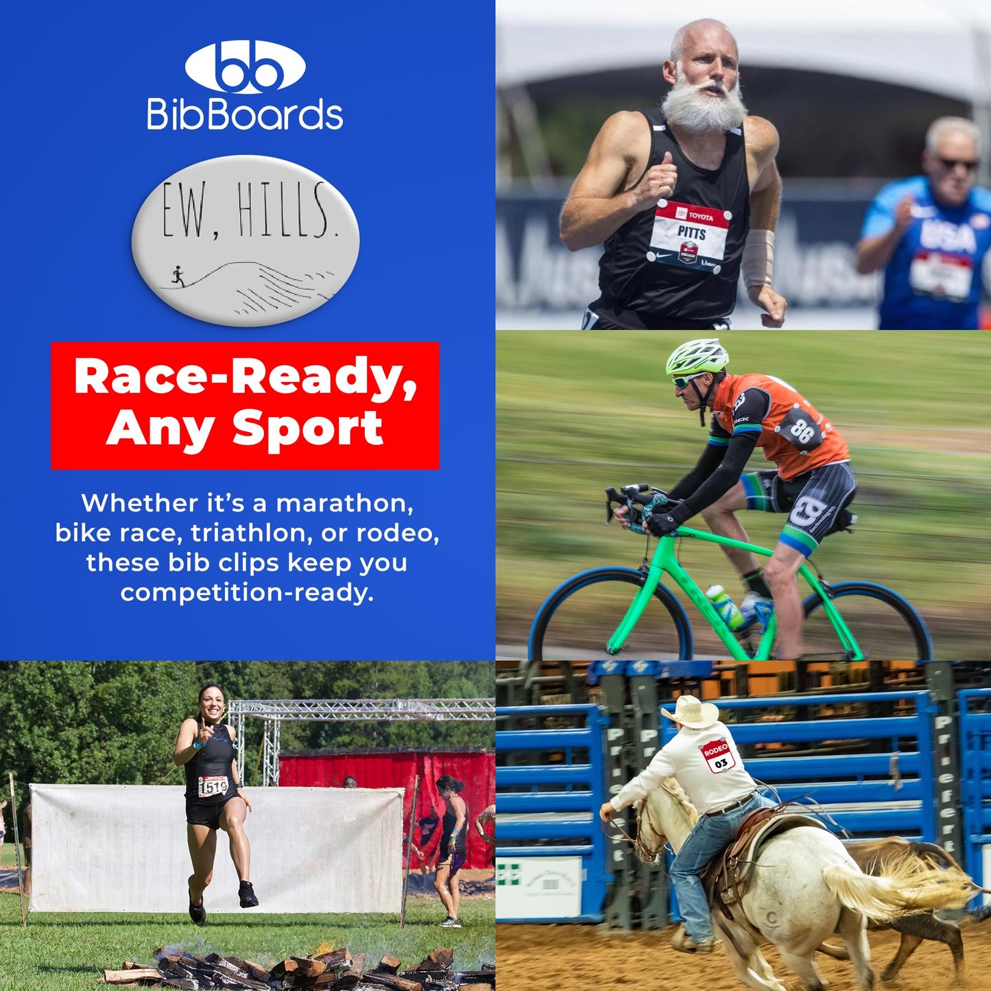 BibBoards bibSNAPS Race Bib Clips, Ew, Hills, 4 Pack