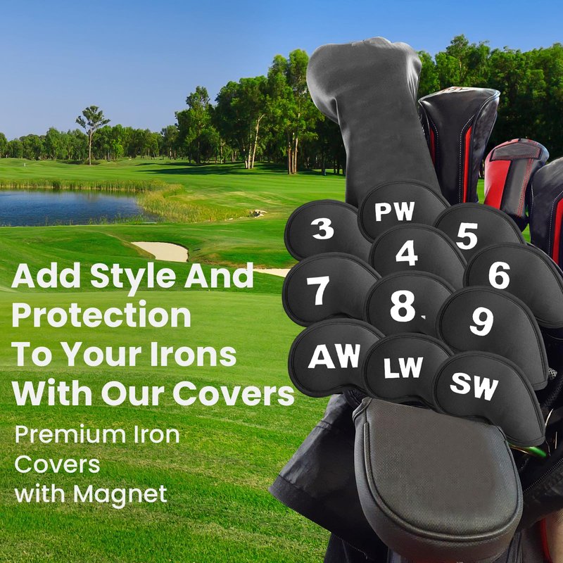 Golf Iron Head Covers Magnetic Soft Protection Printed Numbers Value Set, Durable Neoprene Headcover for Irons, Lightweight in Blue Black Pink for Men Women (Black)