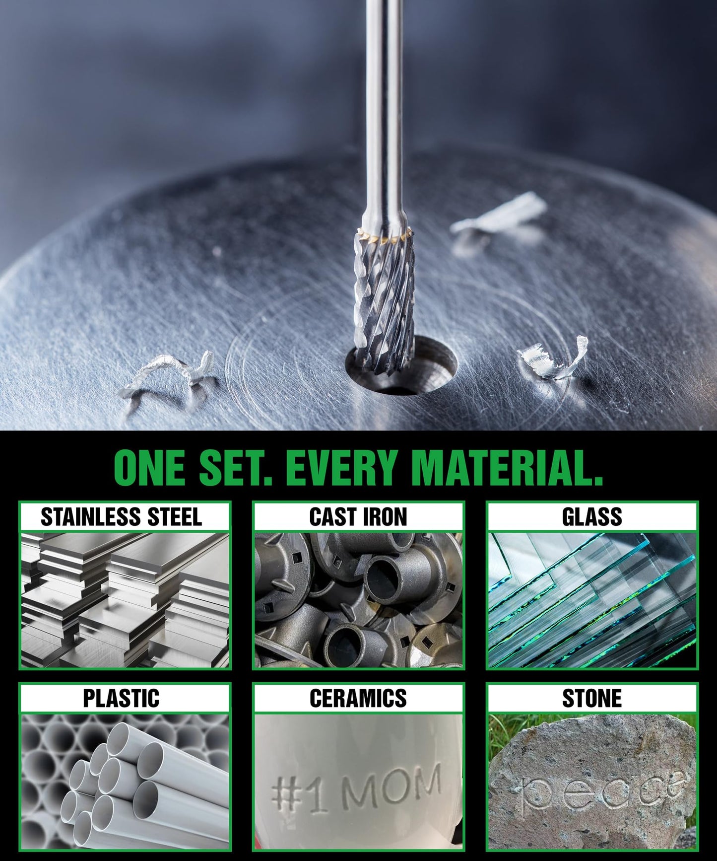 1/8" Carbide Burr Set – 10 Pcs Double Cut Die Grinder Bits for Milling, Carving, Engraving, Drilling Wood & Metals – YG-8x Carbide Drill Bit Set for Rotary Tools & Die Grinders