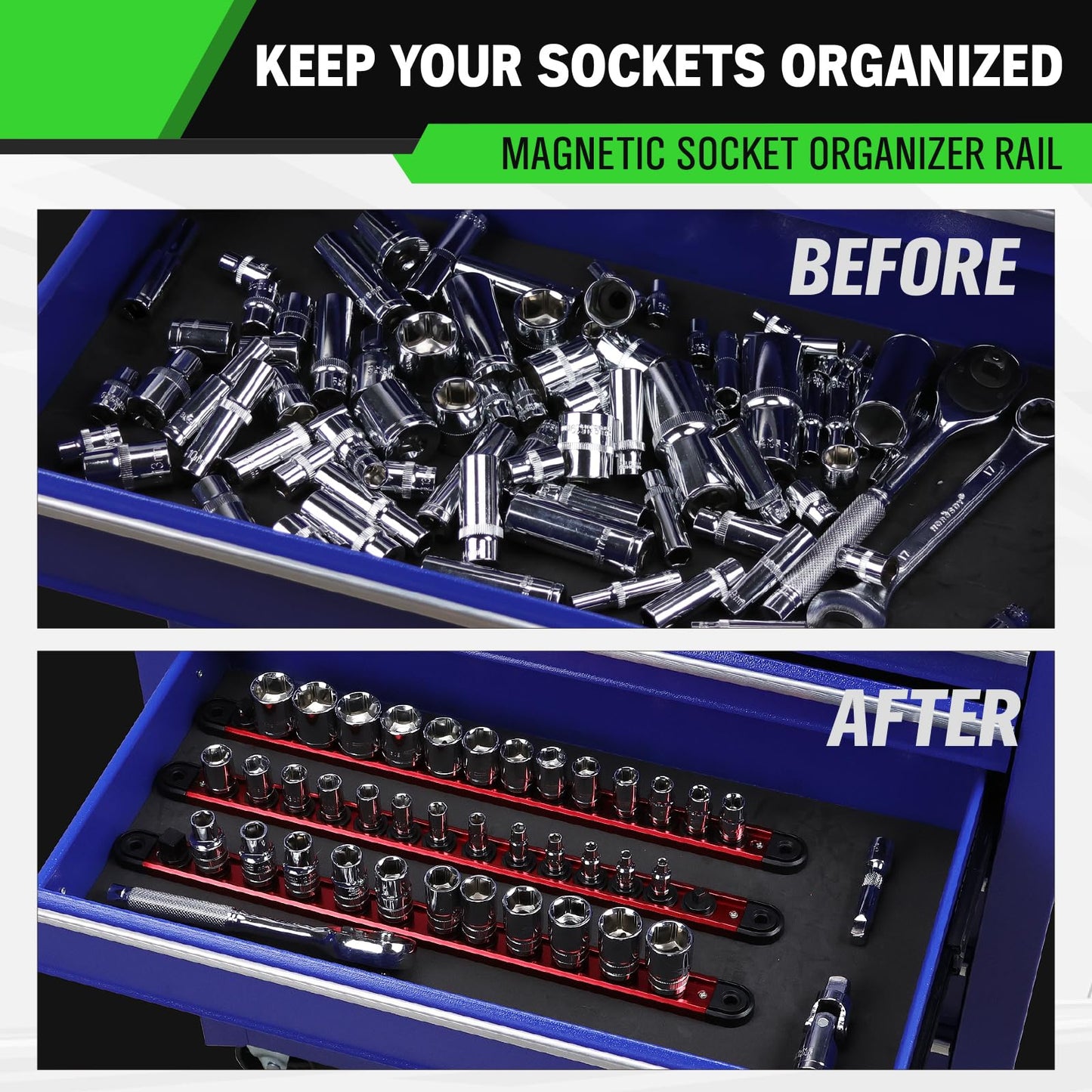 3/8-Inch Magnetic Socket Organizer Rail, Aluminum Alloy Socket Rail, Heavy Duty Sockets Holder with 14 Clips, 360° Swivel Clip Tool Tray, Sockets Organizer for Tool Box Drawer (Red)