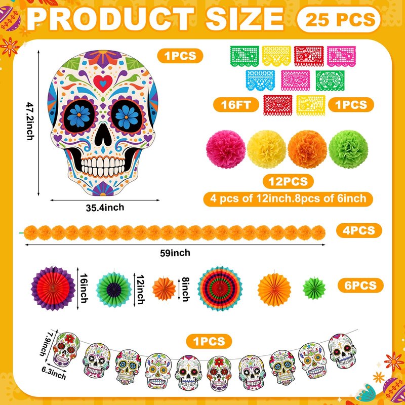 Suncalla 25 Pcs Day of the Dead Golf Cart Decorations Dia De Los Muertos Car Decoration Marigold Garland Mexican Party Banners Pom Poms Hanging Paper Fans for Halloween Golf Cart Party Decor
