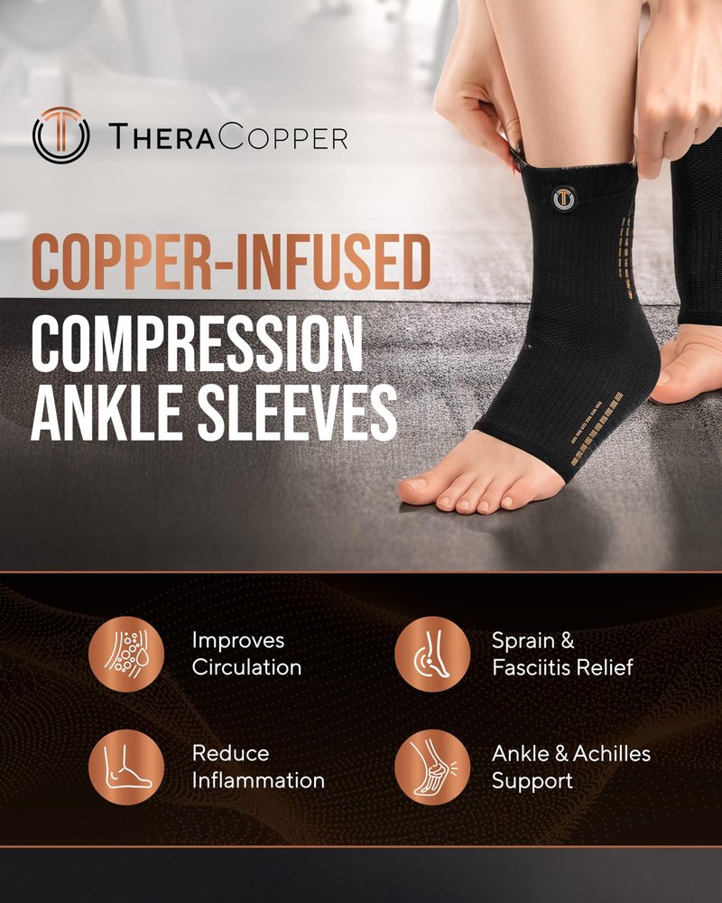 TheraCopper Copper Ankle Brace (2 Pack) — Compression Ankles Brace for Men & Women — Infused Copper Ankle Sleeve Compression Support for Pain Relief, Swelling, Sprains, Achilles Recovery & Sports (Medium)