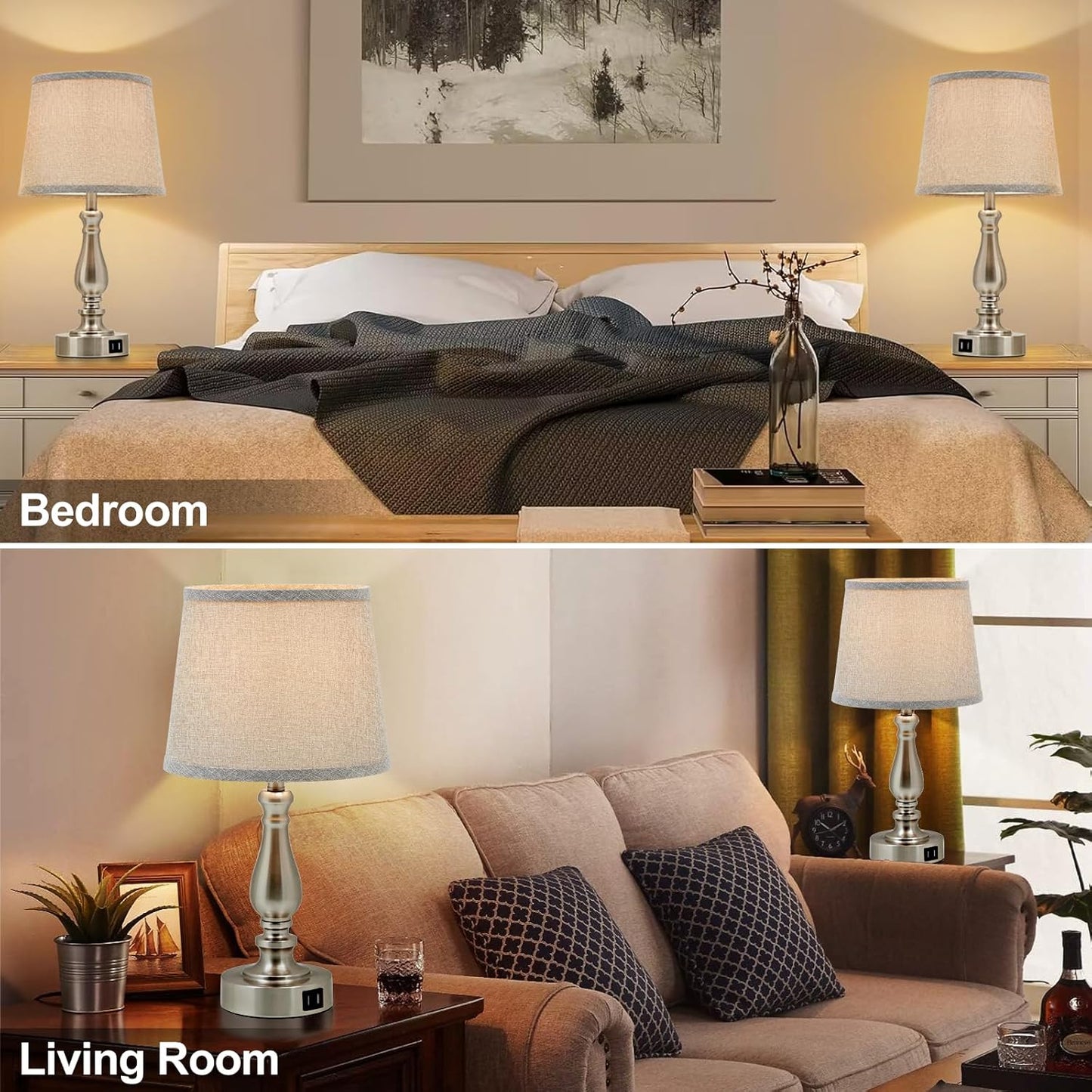 Touch Bedside Table Lamps Set of 2 with USB C+A Ports - 3-Way Dimmable Linen Shade