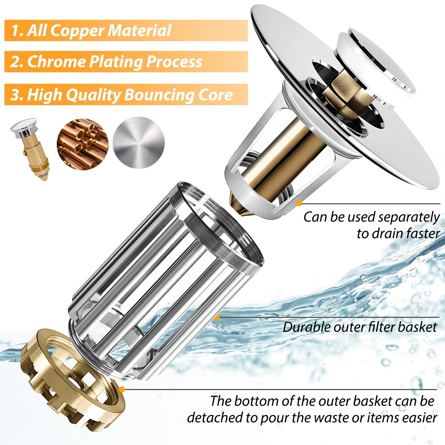 Anlige Bathroom Sink Drain Strainer, 3 in 1 Pop Up Bathroom Sink Stopper with Removable Brass Basket Hair Catcher, Universal Sink Plug for 1.06 to 1.6in Drain Hole, Chrome Silver
