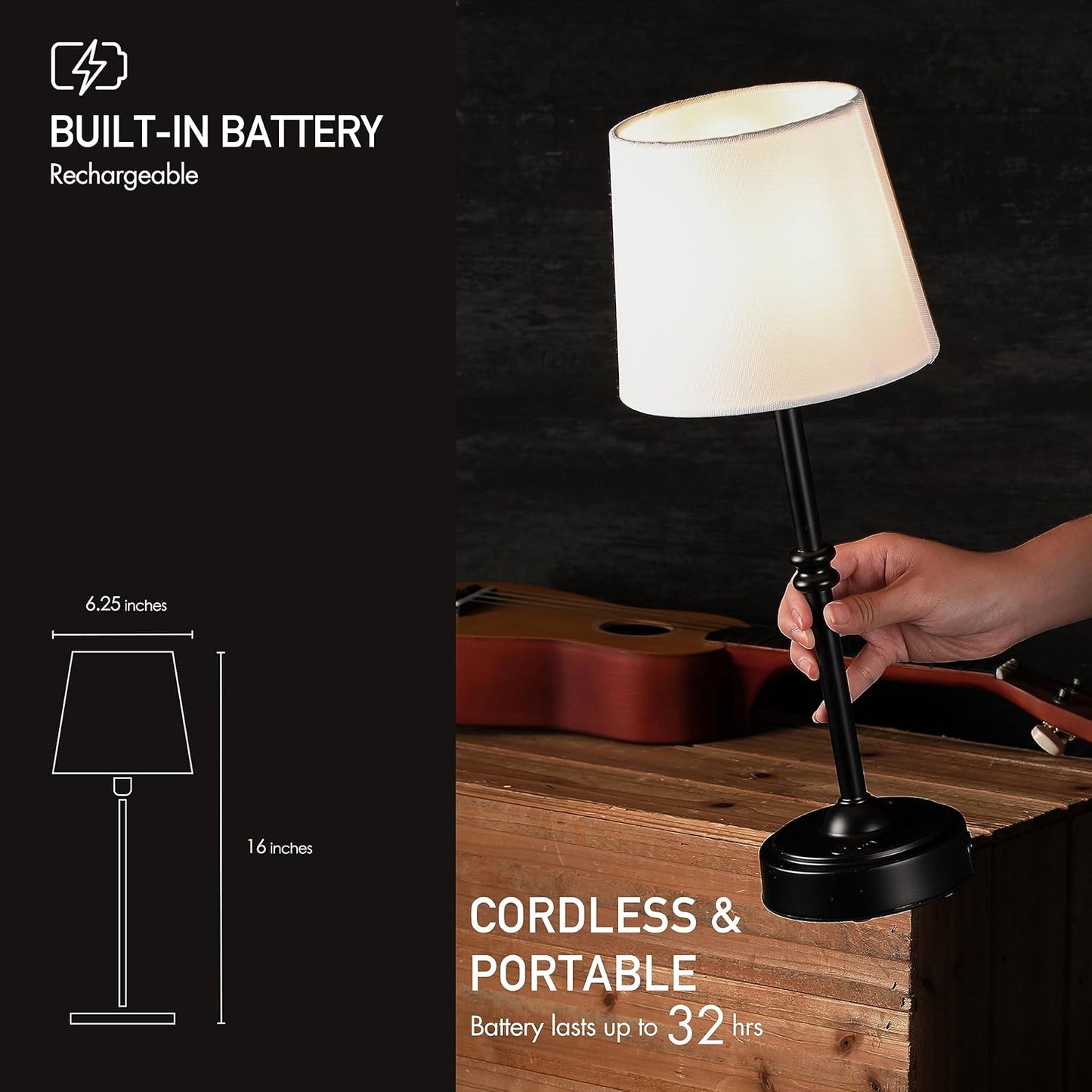 Cordless LED Table Lamp with Dimmer - O’Bright Seraph, Rechargeable Battery, 3-Level Brightness, Perfect for Patio & Bedside