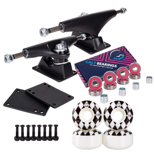 Cal 7 Skateboard Package Combo with 5 Inch / 129 Millimeter Trucks, 52mm 99A Wheels, Complete Set of Bearings and Steel Hardware (Black Truck + White Speedway Wheels)