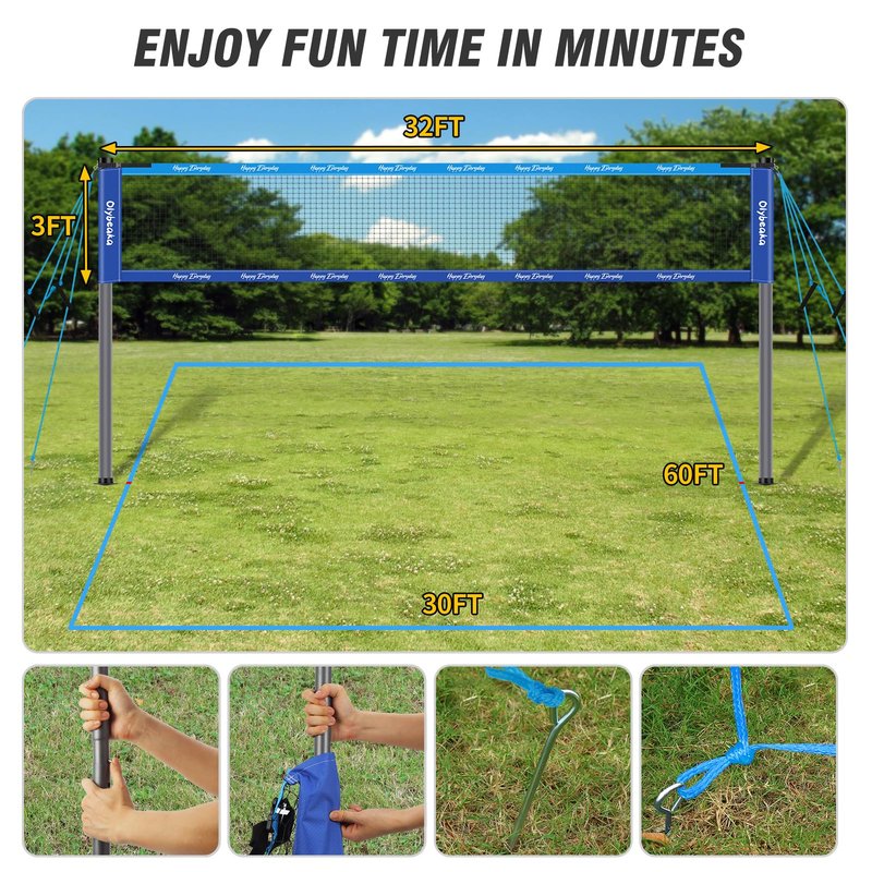 Olybeaka Outdoor Volleyball Badminton Combo Set with Net, Anti-Sagging Design, 4 Badminton Rackets, 3 Birdies and PU Volleyball for Backyard Lawn Beach (Deep & Light Blue Colorblock)