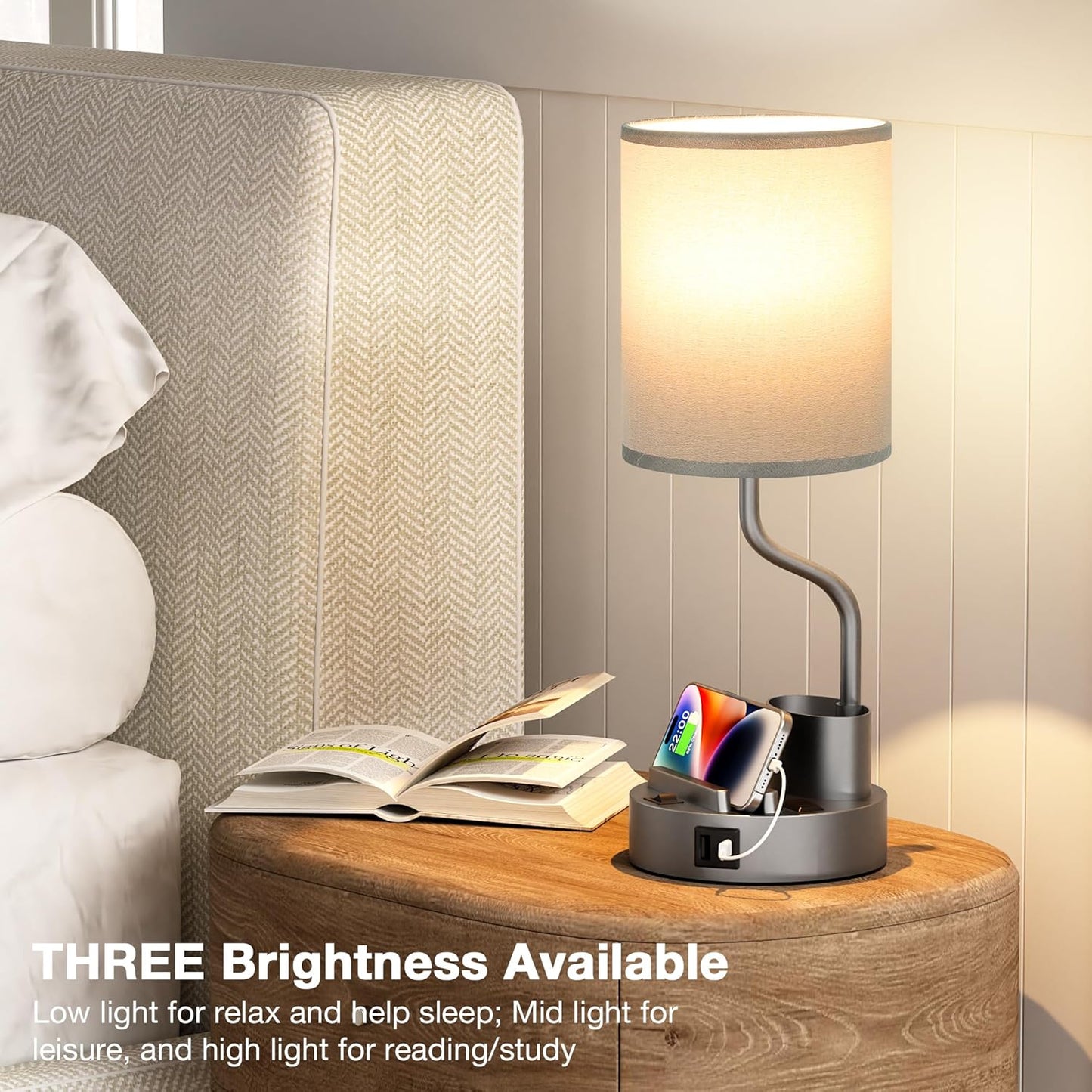 Set of 2 Bedside Table Lamps with USB & AC Outlet - 3 Color Temperatures, Desk Light & Phone Stand for Bedroom, Living Room, Office