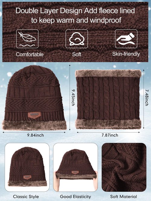 Shyyween 4 Pcs Winter Knit Beanie Hat Neck Warmer Scarf Touch Screen Gloves and Sock Set Fleece Lined Skull Cap for Men Women(Brown)