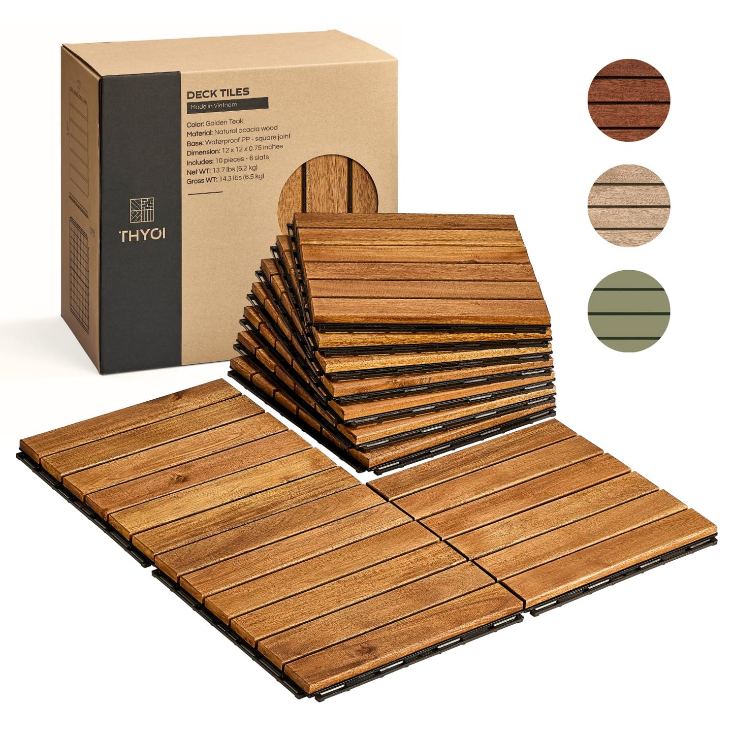 Outdoor Waterproof Acacia Wood Deck Tiles - 10 Pcs Patio Flooring for All Weather Use