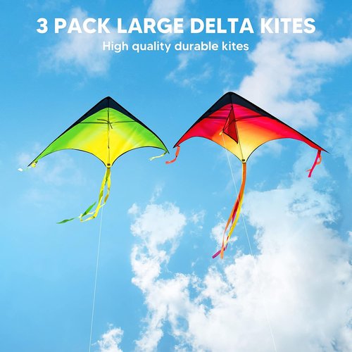 JOYIN Large Delta Kite - Easy to Fly Gradient Rainbow Design | 3-Pack for Kids & Adults