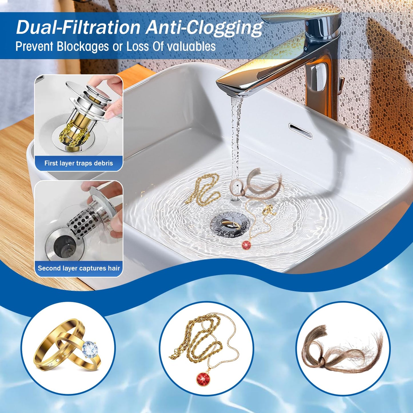 Universal Bathroom Sink Stopper, Pop Up Sink Drain Strainer Plug with Removable Stainless Steel Filter Basket Hair Catcher, Bathroom Bathtub Drain Stopper for 1.1-2.36 Inch Basin(1PACK)