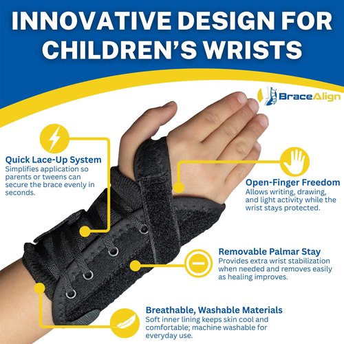 Brace Align Kid’s Lace-Up Wrist Brace - Immobilization for Sprains, Strains, Carpal Tunnel & De Quervain’s PDAC L3908 - Left Wrist - Fits 4-5.5 in Wrist Circ.