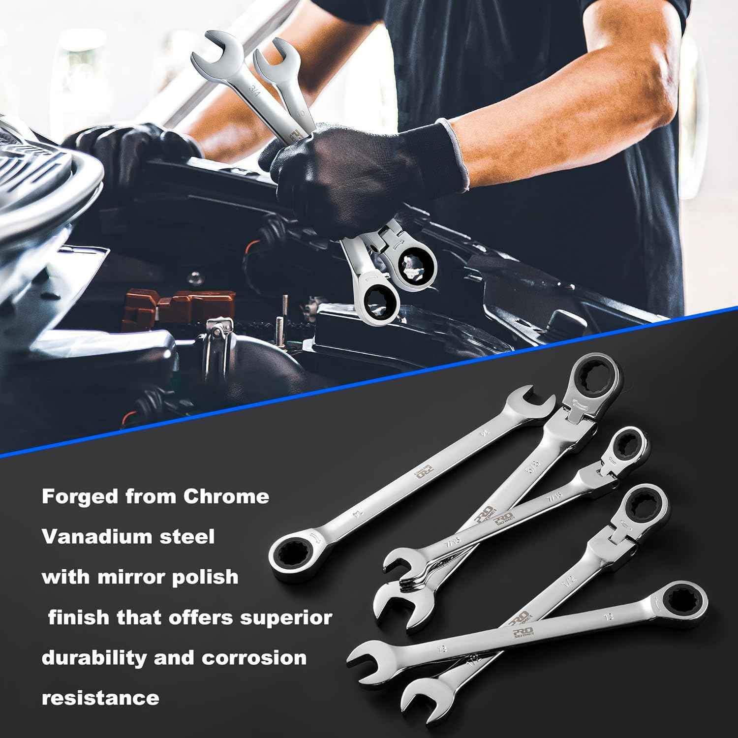 14-Piece Metric Ratcheting Wrench Set - Flex-Head, 72 Tooth, Cr-V Steel with Storage Case (6-19mm)