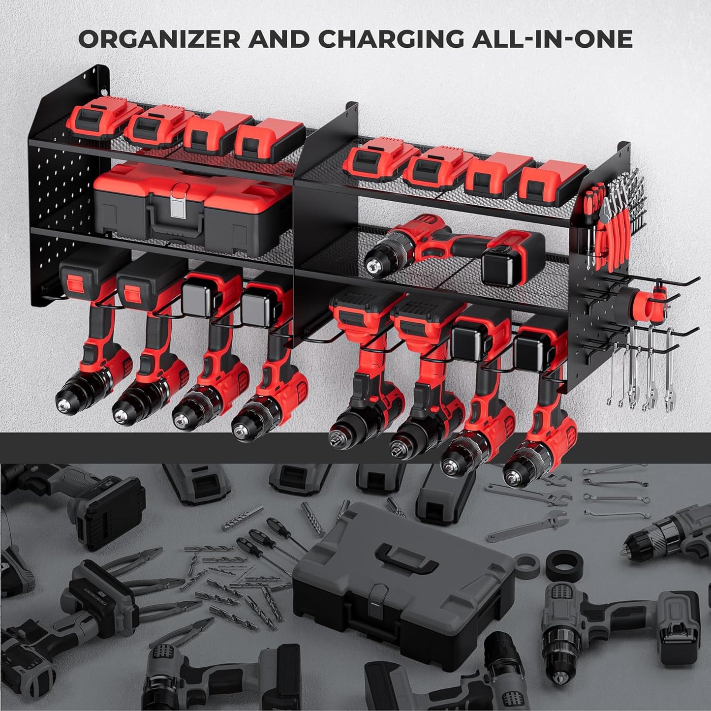 Power Tool Organizer Wall Mount - 3-Layer Charging Station with 8 Outlets & 6 Drill Holders - Efficient Garage Storage Solution (Black)
