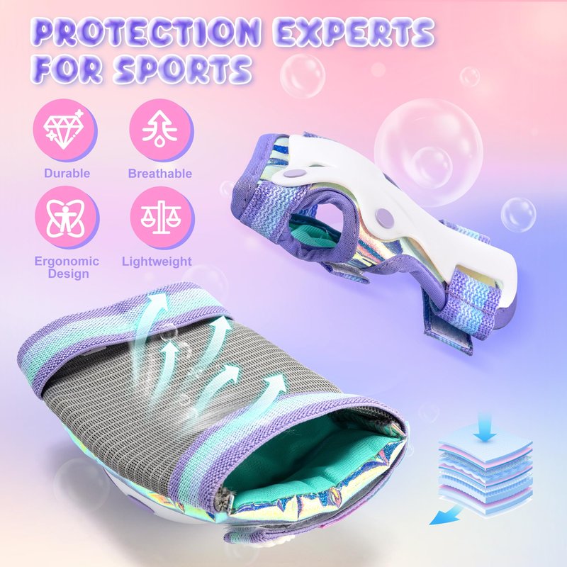 NEMONE Mermaid Knee Pads for Kids, Girls Boys Knee Elbow Pads Wrist Guards with Drawstring Bag, Adjustable Reflective Protective Gear Set for Roller Skates Bike Cycling Skateboard Scooter