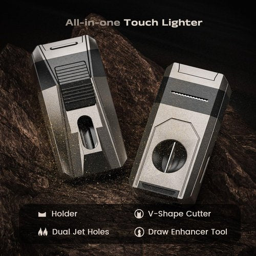 All-in-one Torch Lighter with Built-in Cutter, Holder, Draw Enhancer Tool, Dual Jet Flames Adjustable, Gifts for Men, Multifunctional Accessories, Refillable Butane Lighters for Travel, Outdoors