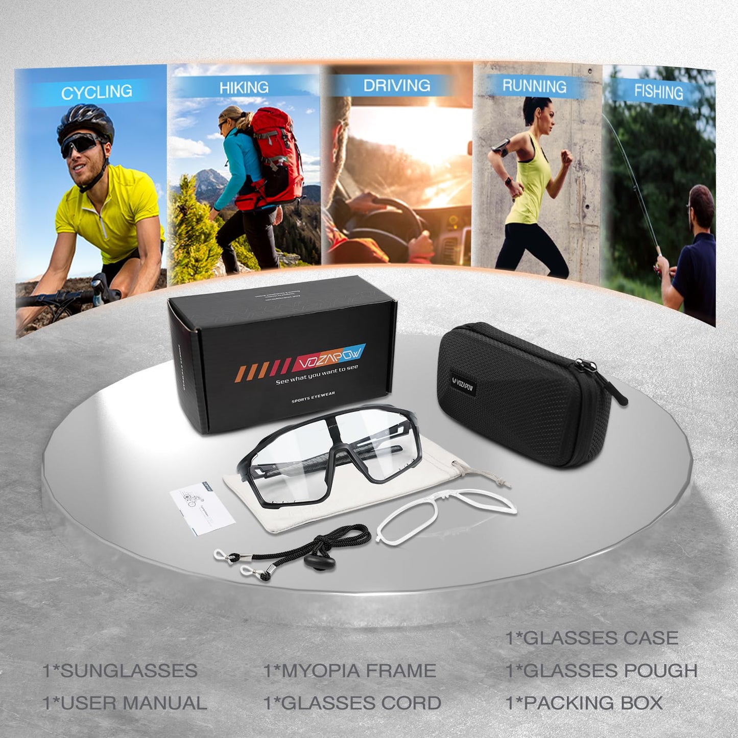 VOZAPOW Photochromic Cycling Glasses for Men Women, UV Protection TR90 Frame Sports Sunglasses for MTB, Riding, Running, Fishing, Baseball