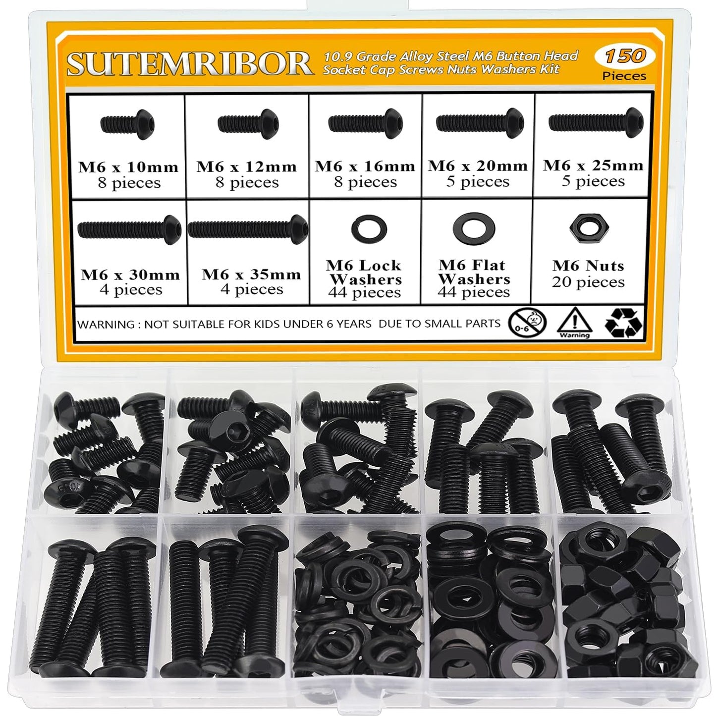 150 Pieces M6 Screws Nuts Washers Set Black, Sutemribor M6 x 10/12/16/20/25/30/35mm Button Head Socket Cap Screws Nuts Washers Assortment Kit, 10.9 Grade Alloy Steel, Fully Threaded