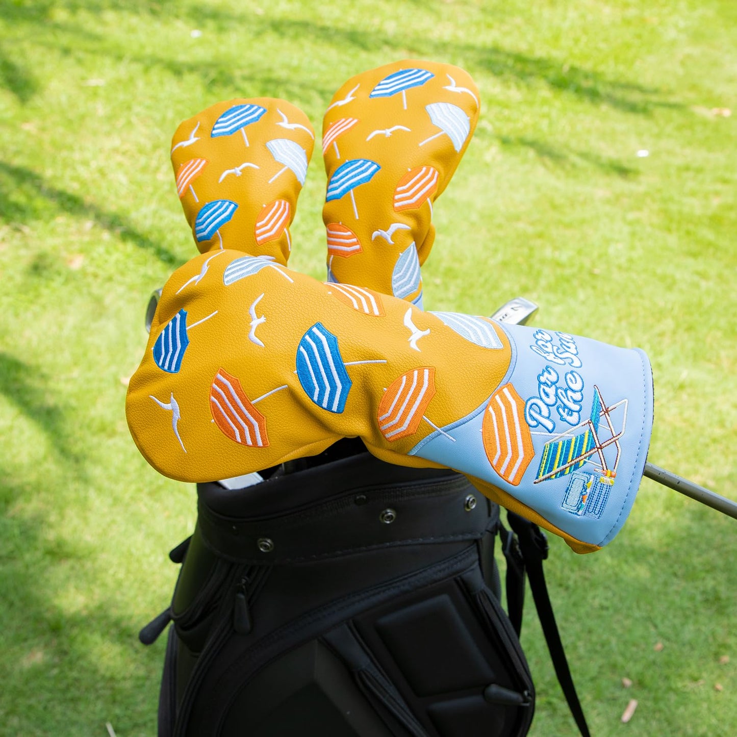 Golf Club Head Covers, Summer Beach Umbrellas Golf Driver Covers, Fairway Wood and Hybrid Head Covers with Interchangeable Tags, Premium PU Leather Golf Club Covers (Fairway)