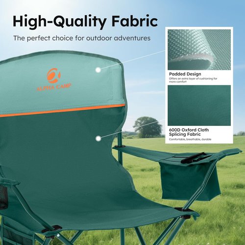ALPHA CAMP Heavy Duty Camping Chair - 350LBS Capacity with Cooler Bag & Cup Holder | Portable Black 2PC Set