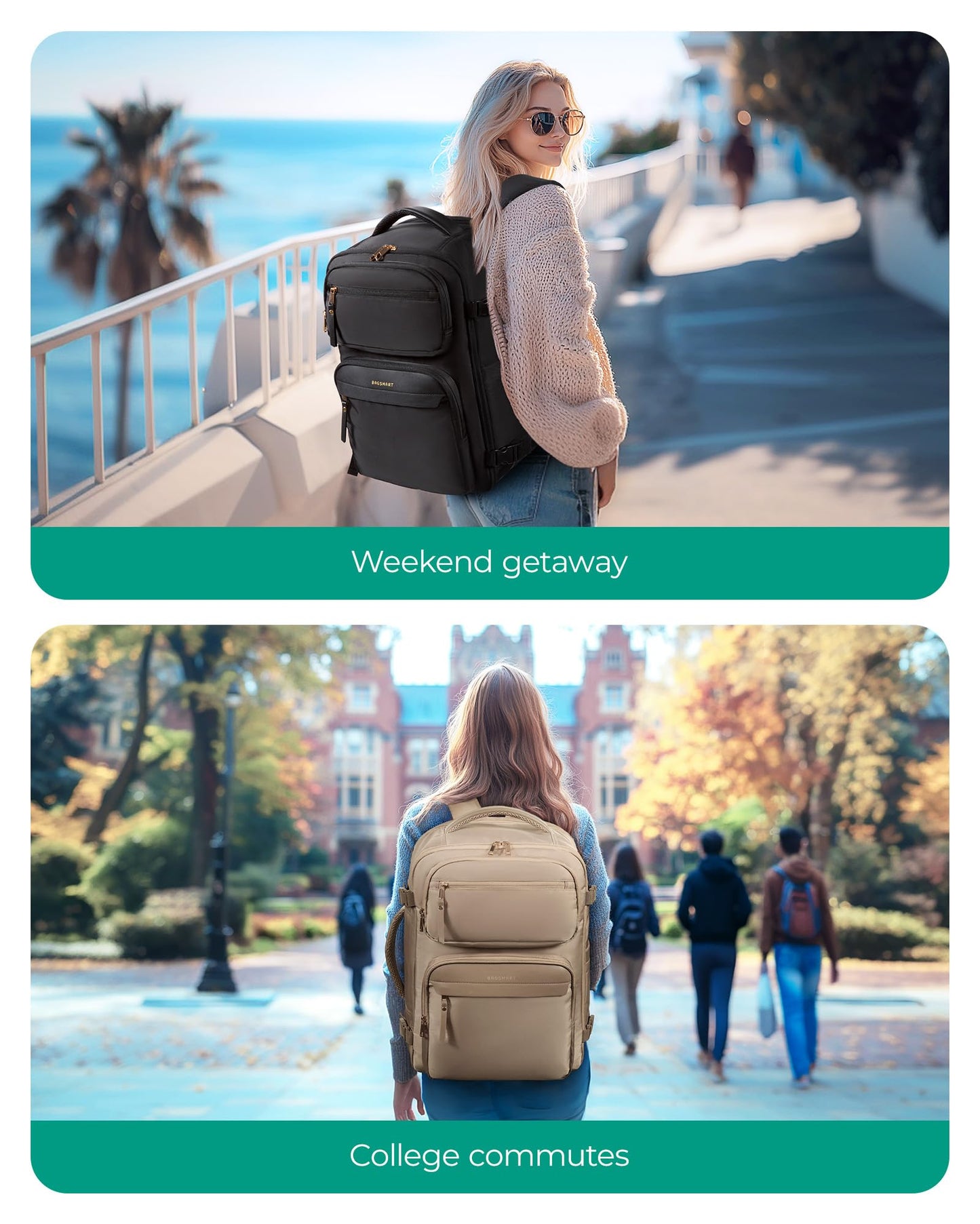 BAGSMART Womens Backpack Carry On Flight Approved, Travel Backpack for Women with Waist Bag, Traveling Lightweight Weekender Casual Daypack 17.3" Laptop Work Back pack Personal Item Travel Bag, Black