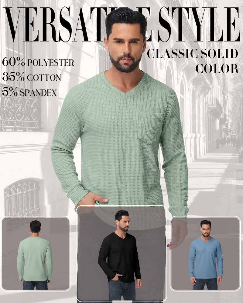 Neer 3 Pack Mens Big and Tall Waffle Shirts Long Sleeve V Neck Pullover Underwear Tops Basic Undershirts with Pocket(Black, Haze Blue, Gray Green,3X-Large)